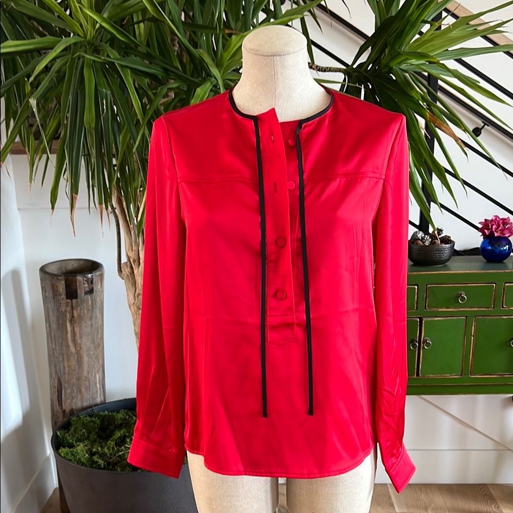 Vibrant Red Long Sleeve Boxy Blouse with Mandarin Collar